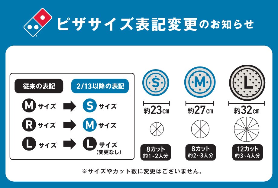 ドミノ・ピザがサイズ表記を「M・R・L」から「S・M・L」に変更！ 2月13 ...