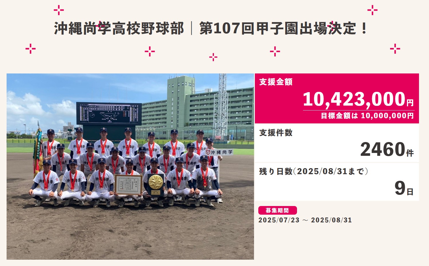 沖縄尚学高校野球部、甲子園出場の遠征費など支援を集ったクラウド 